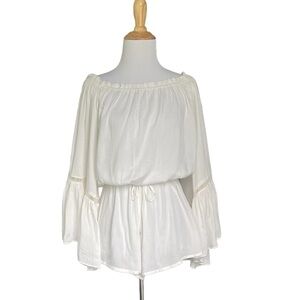 Elan off Shoulder Radder Ruffle Crochet Trim Romper